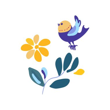 Minimalist grafik, sarı çiçekli ve kuşlu bir dal içeriyor. Çeşitli dekoratif amaçlar için basit ve zarif tasarım.