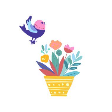 Sarı bir tencereye ekilmiş renkli bir çiçeğin yanında büyüleyici bir halk tarzıyla betimlenmiş bir kuş. Baskı, kalıp, poster baskısı ve çocuk ürünleri için uygun renkli ve kaprisli tasarım