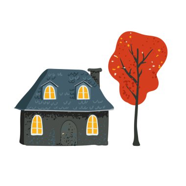 Minimalist tarzda fayanslı çatılı bir peri masalı evi, beyaz bir zemindeki ağaçta kırmızı yapraklar. Kartpostal ve poster. Paket kağıdı ve tekstil