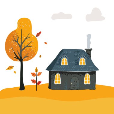 Döşeme çatılı sihirli çizgi film evi. Sarı ağaç ve kırmızı çalı. Çocuklar, baskılar ve tekstil için şirin bir kart ve poster.