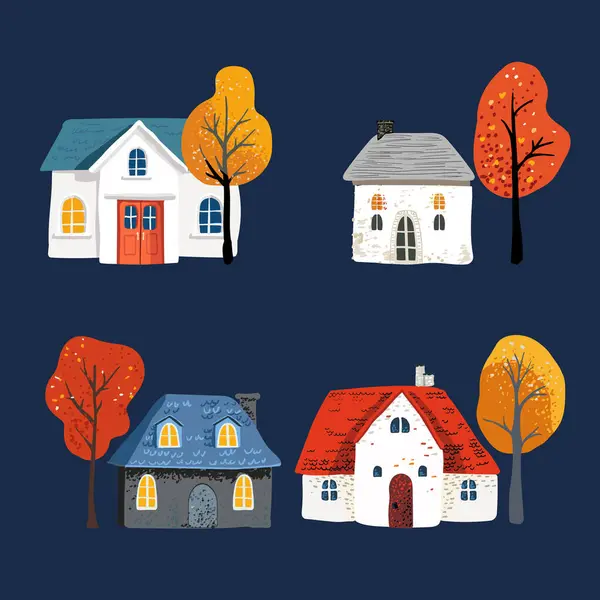 stock vector Set cartoon Village House with a roof. Folk yellow red leaves on a tree. Night on Postcard and poster. For print and textiles