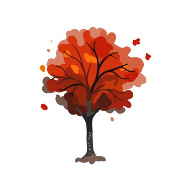 Turuncu, kırmızı ve kahverengi yapraklı suluboya ağacı. Sonbahar. El çizimi. Düz vektör illüstrasyonu.