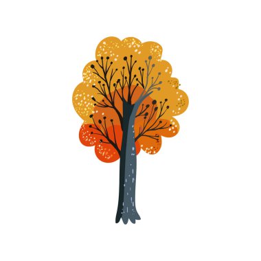 Turuncu ve kahverengi yapraklı sarı sonbahar ağacı. Halk Sonbaharı. El çizimi. Düz vektör illüstrasyonu.