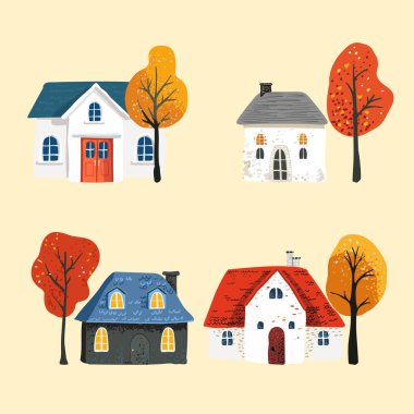 Köy Evi 'ni fayanslı çatılı bir karikatür haline getirin. Millet, ağaçtaki sarı kırmızı yapraklar. Kartpostal ve poster. Yazdırma ve tekstil için