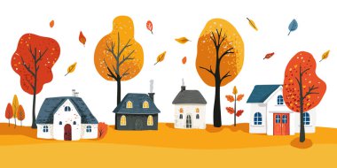 Sonbahar sarısı, turuncu ve kırmızı ağaçlar, yapraklar dökülüyor. Çimenlikteki küçük beyaz evler. El çizimi. Halk posterleri Sonbahar manzarası.