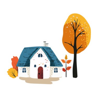 İskandinav tarzında mavi çatılı basit bir peri masalı evi. Sarı ağaç. Kartlar için beyaz zemin, posterler. Paket kağıdı ve tekstil