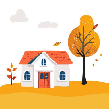 Turuncu çatılı sihirli çizgi film evi. Sarı ağaç ve kırmızı çalı. Elbise ve tekstil baskısı için güzel bir kartpostal ve poster.