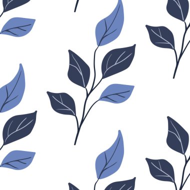 Kusursuz desen. Basit Bitki. Basit mavi yapraklar. Beyaz arka plan. İskandinav tarzında dekoratif bir süs. Elle boğulma. Düz vektör illüstrasyonu