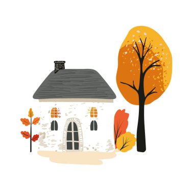 Peri masalı gibi sazdan çatılı, minimalist tarzda beyaz bir ev, beyaz zemin üzerinde sarı bir ahşap. Kartpostal ve poster. Paket kağıdı ve tekstil