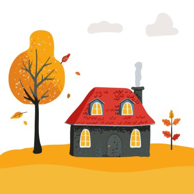 Döşeme çatılı sihirli çizgi film evi. Sarı ağaçlar ve çalılar. Çocuklar, baskılar ve tekstil için şirin bir kart ve poster.