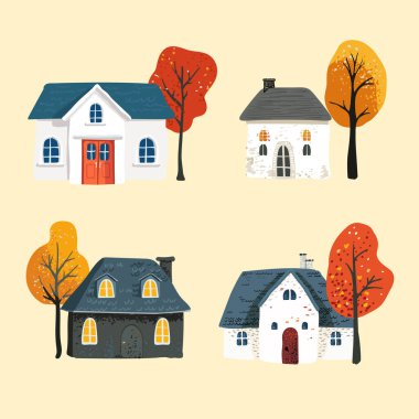 Basit minimalist tarzda fayanslı çatılı sihirli bir ev seti, sarı zemin üzerinde kırmızı yapraklar. Kartpostal ve poster. Paket kağıdı ve tekstil