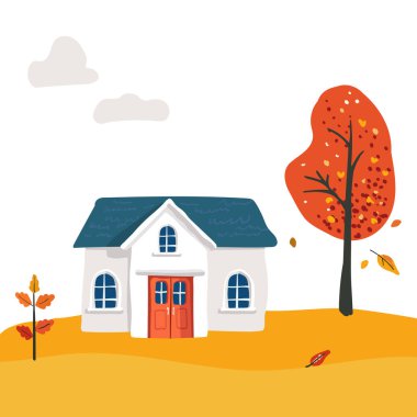 Çatı döşemesi olan çizgi film karakteri. Halkın kırmızı yaprakları ağaçta. Kartpostal ve poster. Çocuklar için baskı ve tekstil