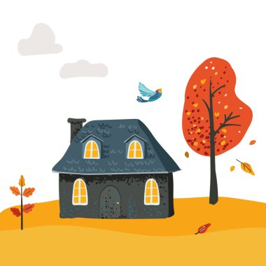 Çatı kiremitli Köy Evi çizgi filmi. Halkın kırmızı yaprakları ağaçta. Kartpostal ve poster. Çocuklar için baskı ve tekstil