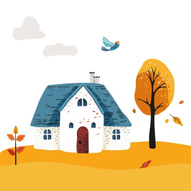 Mavi çatılı çizgi film karakteri Village House. Ağaçtaki sarı yapraklar. Kartpostal ve poster. Çocuklar için baskı ve tekstil