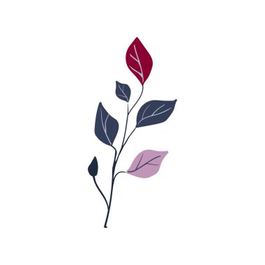 Halk bitkisi. Bir daldaki basit kırmızı ve mavi yapraklar. Çizgi film sonbahar botaniği. Minimalist tarzda. Düz izole vektör çizimi. Yapay zeka yok. el çizimi