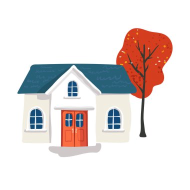 Mavi çatılı, minimalist tarzda bir peri masalı gibi beyaz bir ev. Beyaz arka planda kırmızı yapraklar. Kartpostal ve poster. Paket kağıdı ve tekstil