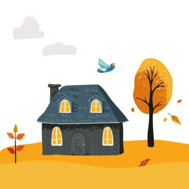 Çatı kiremitli Köy Evi çizgi filmi. Ağaçtaki sarı yapraklar. Kartpostal ve poster. Çocuklar için baskı ve tekstil