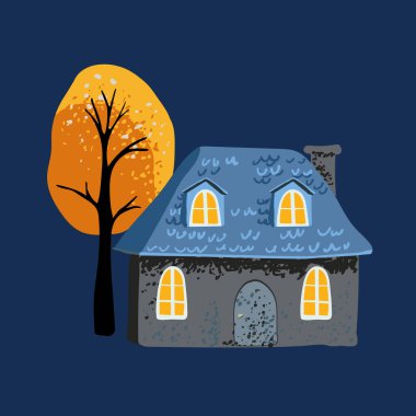 Basit minimalist tarzda fayanslı çatılı sihirli bir ev, ağaçta sarı yapraklar. İyi geceler. Kartpostal ve poster. Paket kağıdı ve tekstil