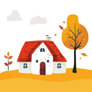 Çatı döşemesi olan çizgi film karakteri. Sarı ağaç ve bulutlar. Kartpostal ve poster. Çocuklar için baskı ve tekstil