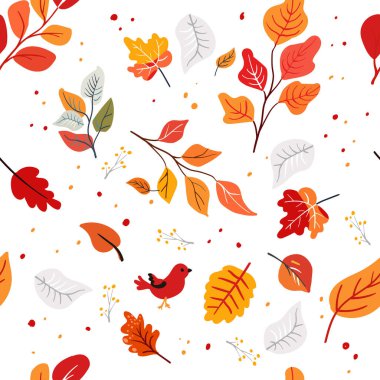 Kusursuz sonbahar insanları terk eder. Kırmızı dallar ve turuncu bitkiler. Kırmızı kuş. Zengin bir süs. El çizimi, düz vektör