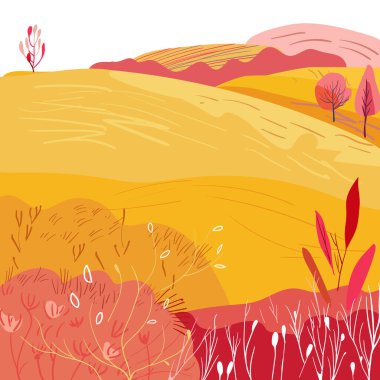 Kırmızı çalıları ve çiçekleri olan sonbahar tepeleri. Hasat zamanı. Kare kartpostal. El çizimi. Düz vektör