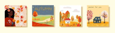 Sonbahar kartlı kare posterler. Sevgili dağ evleri. Çiçekli siyah kadın. Davetiye, satış veya dergi ve kitap kapağı.