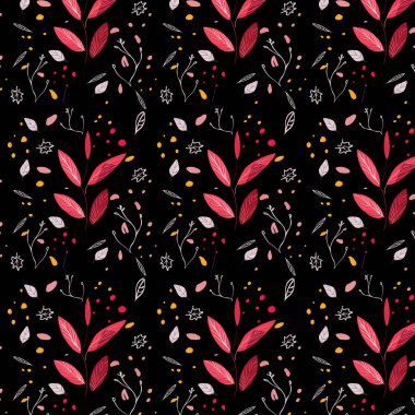 Kırmızı yaprakları ve dalları olan siyah bir arka planda sonbahar pürüzsüz desen. Ambalaj kağıtları, posterler ve davetiyeler için mükemmel. Zarif ve çarpıcı sonbahar tasarımı.