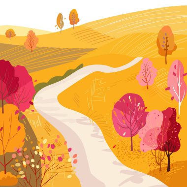Tarlalı tepe, yol kenarındaki ağaçlar ve toprak yol. Hasat. Olgun tarlalar. El çizimi vektör çizimi. Yaşam tarzı. Kartpostal, davetiye ve turizm pazarlama şablonu.