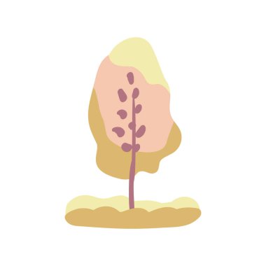 Salata yeşili, pembe yapraklı ve otlu el çizimi ağaç. Basit bir tasarım. Düz vektör çizimi. Simge fabrikası