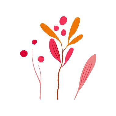 Sarı, kırmızı yapraklı ve kırmızı böğürtlenli el yapımı bir dal. Basit bir tasarım. Düz vektör çizimi. Simge