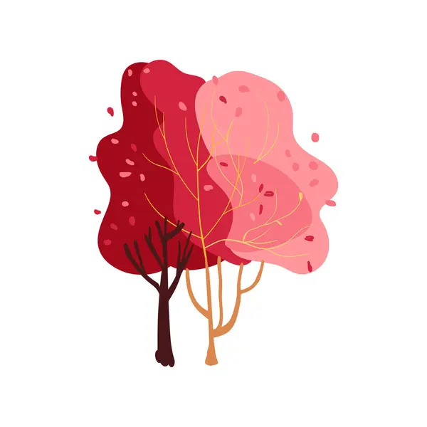 stock vector Hand drawn trees with pink, coral, red, and dark red branches and falling leaves. Simple design. Flat vector illustration. Icon