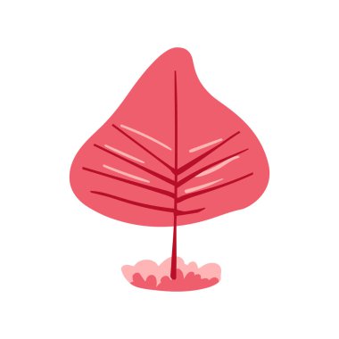 Mercan dalları, kırmızı yaprakları ve yeşil otları olan el çizimi pembe ağaç. Basit bir tasarım. Düz vektör çizimi. Simge. bitki