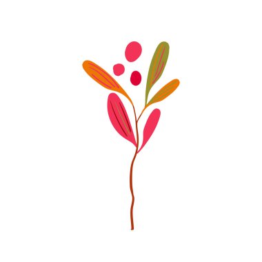 Sarı, kırmızı, yeşil yapraklı ve kırmızı böğürtlenli el yapımı bir dal. Basit bir tasarım. Düz vektör çizimi. Simge.