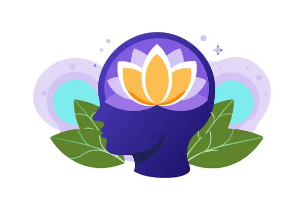 stock vector A vector illustration featuring a head silhouette with a lotus flower and surrounding leaves, representing inner harmony and mindfulness. Perfect for wellness, mental health, and spirituality themes.