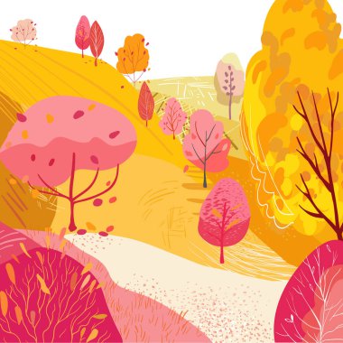 Yol kenarındaki çalılar ve toprak yollu tepe. Sonbahar parkı. El çizimi vektör çizimi. Yaşam tarzı. Rahatlamak ve yürümek için bir yer. Dokulu düz çizim. Kartpostal, poster ve turizm için şablon