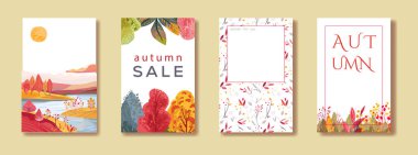 İçinde sonbahar kartları olan dikey posterler. Manzara tepeleri. Güzel ev. Sonbahar indirimi. Satış davetiyesi. Dergi ve kitap kapağı. Hamd çizilmiş vektör