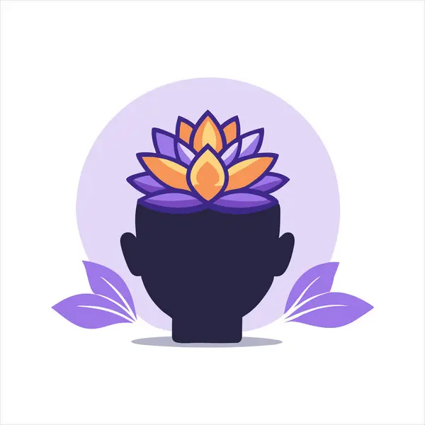 stock vector A vector illustration depicting a head silhouette adorned with a lotus flower and leaves, symbolizing harmony and mental balance. Ideal for designs related to spirituality, wellness, and mindfulness.