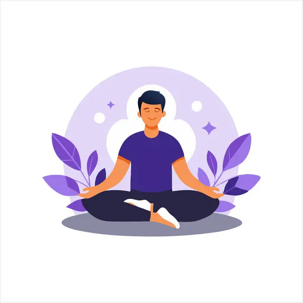 stock vector A serene vector illustration of a man meditating in a lotus pose, surrounded by leaves and the yin-yang symbol. Perfect for themes of mindfulness, yoga, and inner peace.