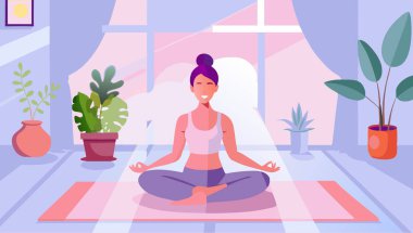 Sakin bir ev ortamında meditasyon yapan bir kadının rahatlatıcı vektör çizimi. Etrafı yemyeşil bitkilerle çevrili. Yumuşak pastel renkler