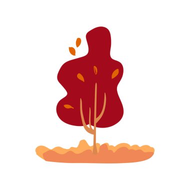 Koyu kırmızı ve turuncu, sonbahar yapraklı el çizimi ağaç. Basit bir tasarım. Düz vektör çizimi. Simge fabrikası