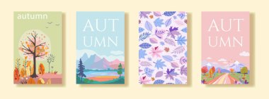 Sonbahar temalı çeşitli tasarımların yer aldığı dört dikey vektör posteri. Posterler manzara, yeşillik ve tipografi resimlerini içeriyor, hepsi yumuşak, pastel bir renk paletinde. İdeal