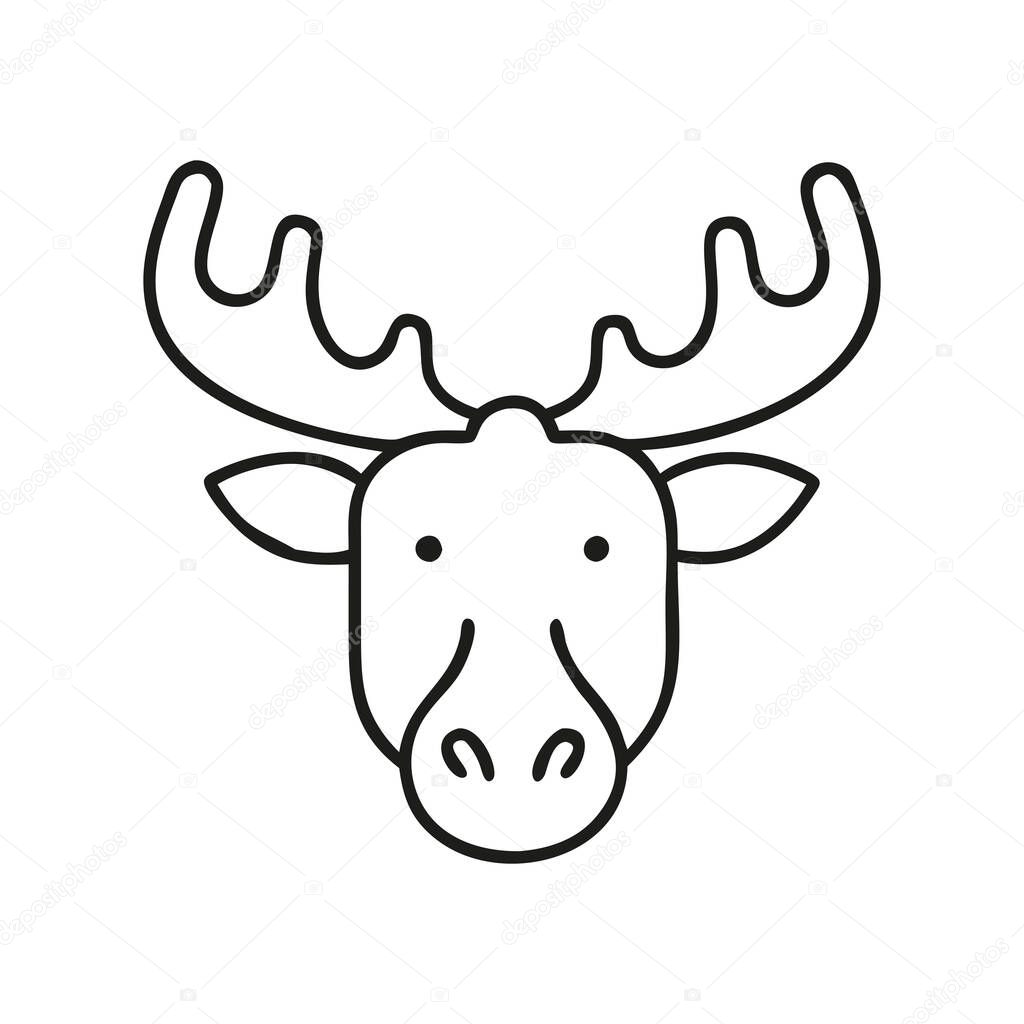 Black and white line art illustration of a moose head with prominent antlers. Suitable for wildlife themed designs, nature-related content, and rustic decor. Vector