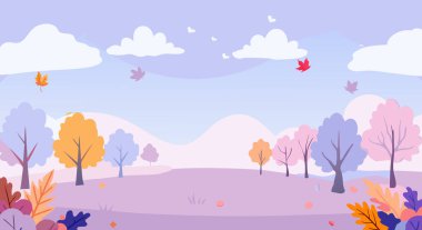 Renkli ağaçlar, düşen yapraklar ve pastel bir gökyüzünün yer aldığı sonbahar ormanı manzarasının büyüleyici bir temsili. Mevsimlik tasarımlar ve doğa temalı projeler için mükemmel..