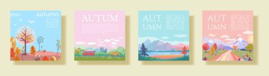 Her biri sonbahar temalı bir illüstrasyon tasvir eden dört kare vektör posterinden oluşan bir koleksiyon. Tasarımlar manzara, yeşillik ve mevsimsel elementleri içerir düz, pastel tonlu, mükemmel