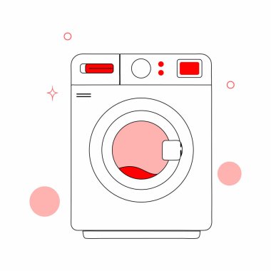 Kırmızı ve pembe aksanlı bir çamaşır makinesinin minimalist vektör çizimi, ev, çamaşır ve temizlikle ilgili tasarımlar için mükemmeldir....