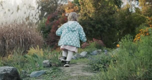 かわいい女の子が公園を歩いている ビュー フォローショット — ストック動画