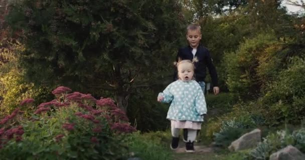 Menino Está Brincando Com Sua Irmã Mais Nova Parque Caminhando — Vídeo de Stock