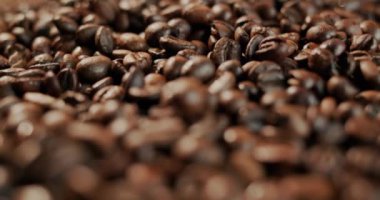 Kavrulmuş doğal kahve çekirdekleri. Düşük derinlikli video