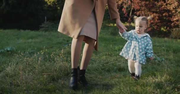 Mor Fører Hånden Lille Pige Der Går Parken – Stock-video