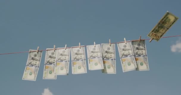 Dollar Banknotes Dry Clothesline Money Laundering Concept — стоковое видео